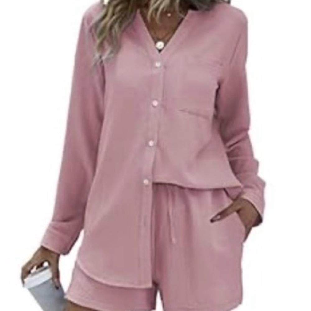NWOT Women's Pink Two-Piece Lounge Set - Button Front Top & Shorts